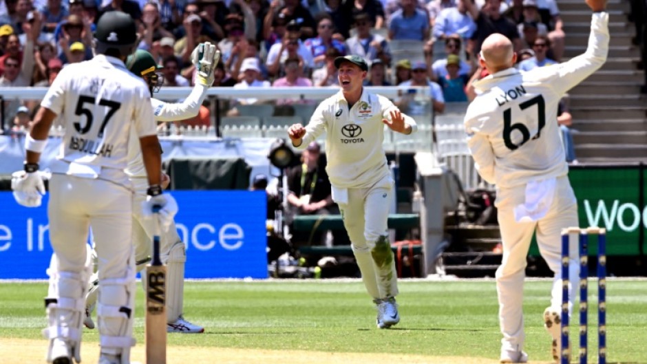 Pakistan's bowler Aamer Jamal celebrates dismissing Australia's batsman Marnus Labuschagne