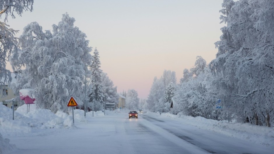 Icy roads in the village of Vittangi, northern Sweden, where temperatures dropped to -38.9 degrees Celsius on January 3, 2024