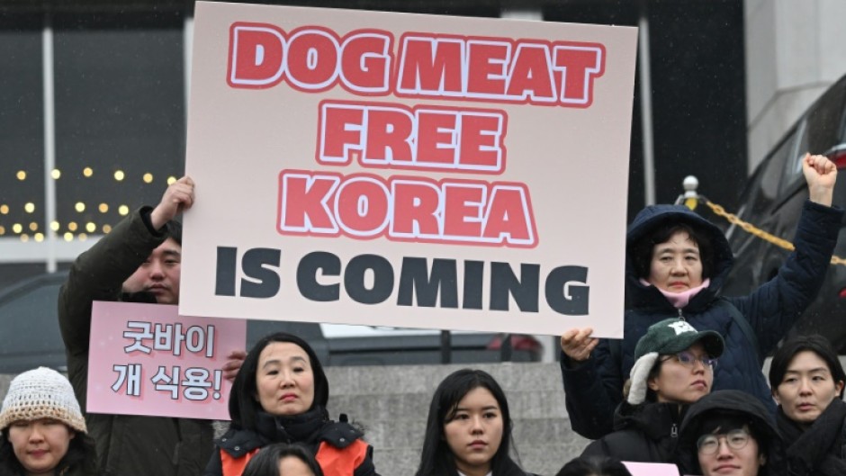 Animal rights activists hold placards during a rally welcoming a bill banning dog meat trade at the National Assembly in Seoul