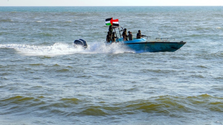 Members of the Yemeni Coast Guard affiliated with the Huthi rebel group patrol off the Red Sea port of Hodeida in solidarity with Gazans, on January 4, 2024