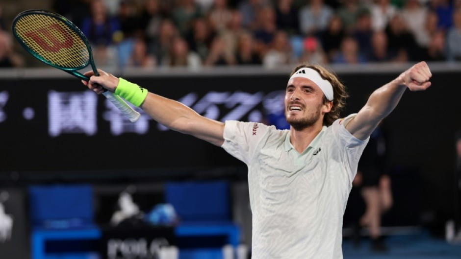 Stefanos Tsitsipas celebrates after victory against Australia's Jordan Thompson at the Australian Open