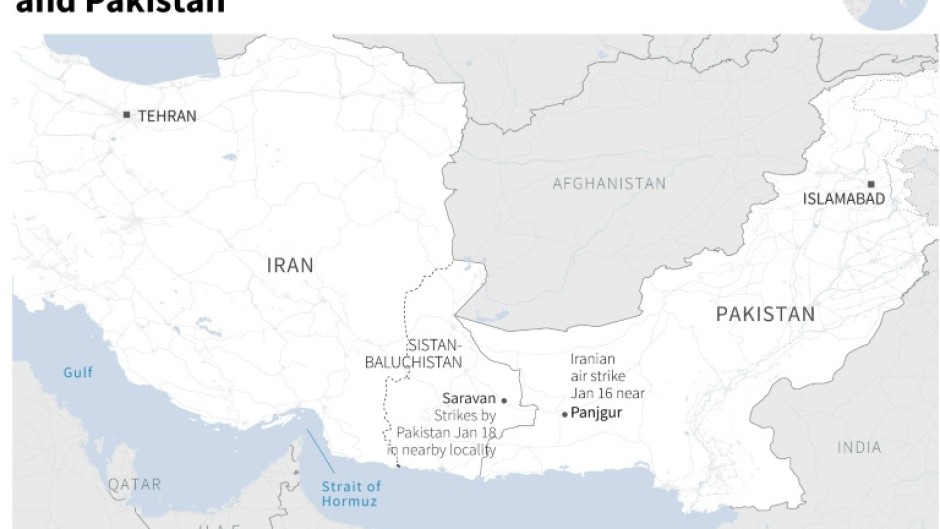 Map showing Iran and Pakistan and approximate locations of strikes conducted by each country on January 16 and 18.

