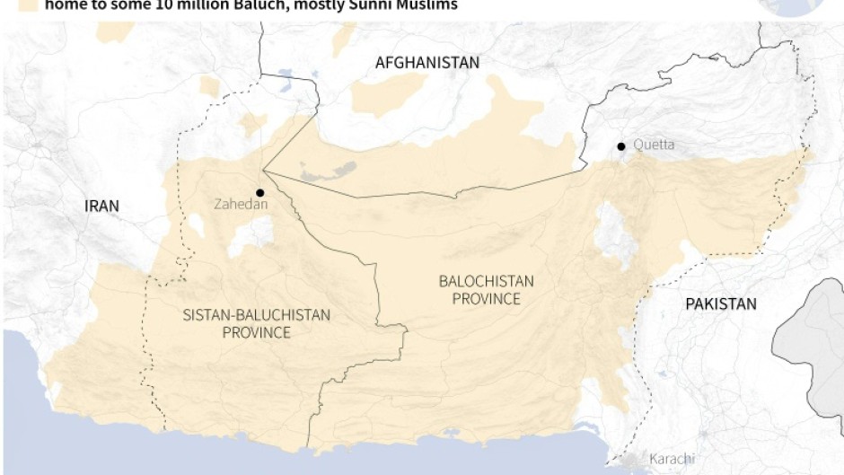 Map of Baluchistan, the border region between Iran, Afghanistan and Pakistan, home to 10 million Baluch, most of them Sunni Muslims
