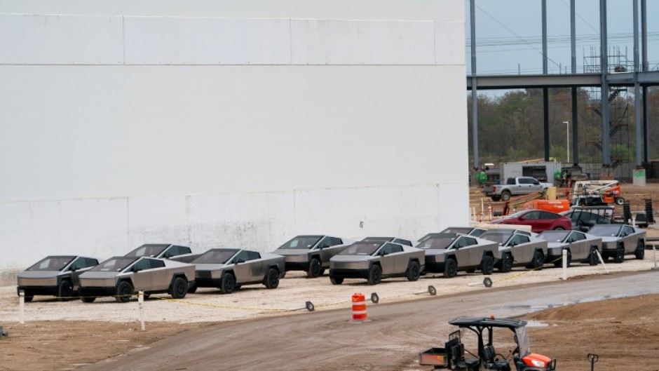 Newly manufactured Tesla Cybertrucks at the company's Giga Texas factory in December 2023 weeks after it commenced deliveries of the futuristic vehicle 