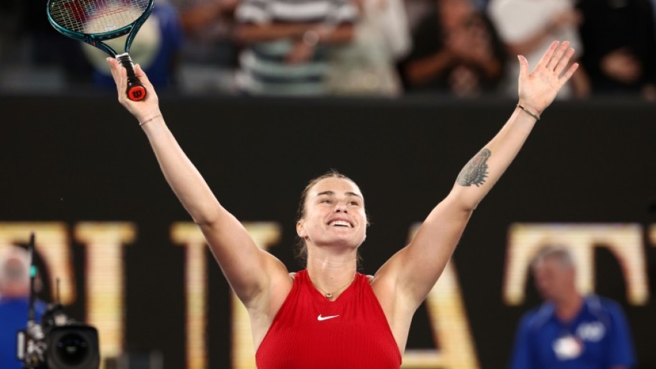 Aryna Sabalenka celebrates after victory against Zheng Qinwen in the Australian Open final