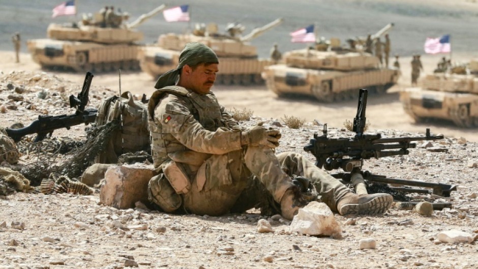 A US soldier takes part in the 'Eager Lion' multinational military manuevers in Jordan in September 2022