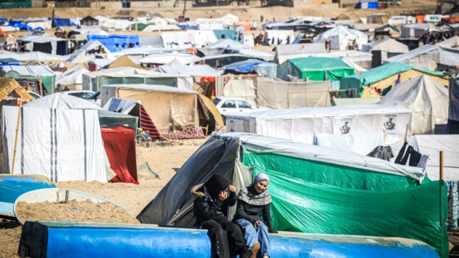 Children at a makeshift displacement camp in Rafah, in the southern Gaza Strip near the Egyptian border