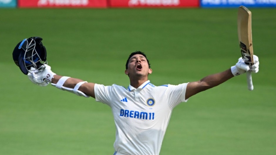 India's Yashasvi Jaiswal celebrates after scoring his first Test double century during the second day of the second Test against England