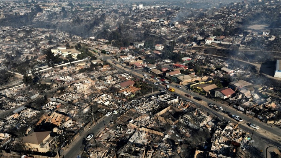 Aerial view of the aftermath of a fire in the hills around Vina del Mar, Chile