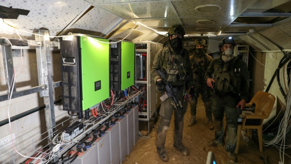 Electrical equipment inside a tunnel, which the Israeli army and Shin Bet security agency said was part of 'Hamas military intelligence', below a compound of the UN agency for Palestinian refugees