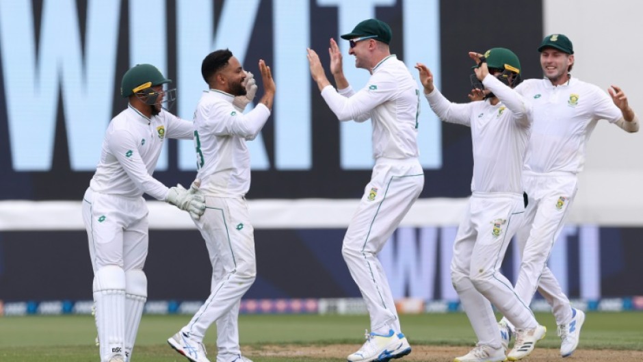 South Africa players celebrate the dismissal of New Zealand batter Kane Williamson on Wednesday 