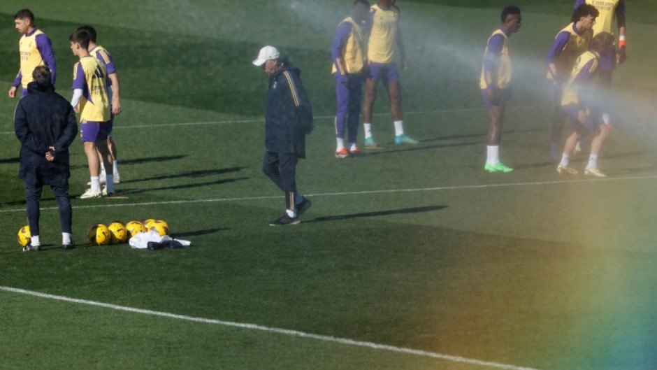 Real Madrid coach Carlo Ancelotti (centre) at training on Saturday 