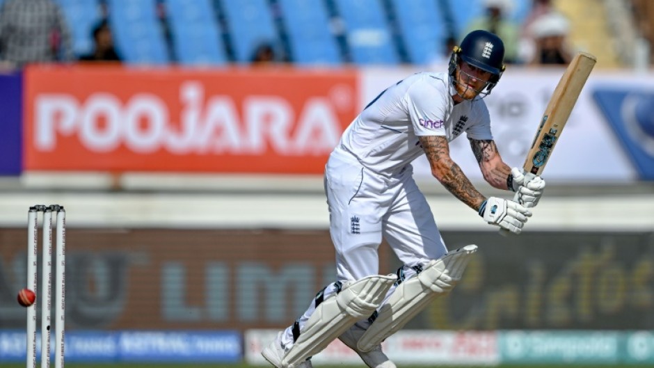 England's captain Ben Stokes plays a shot during the fourth day of the third Test cricket match between India and England at the Niranjan Shah Stadium in Rajkot on February 18