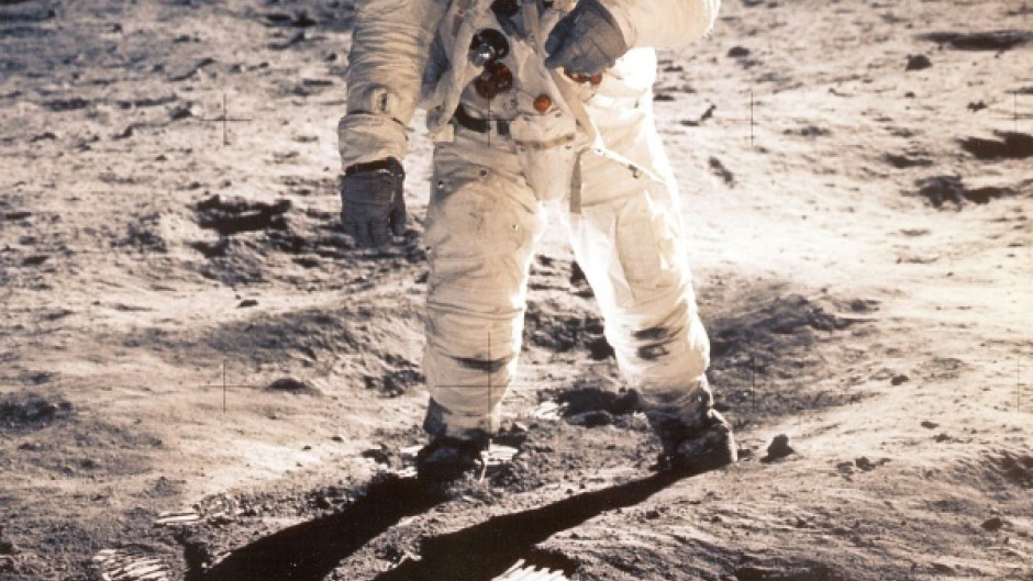 US Astronaut Edwin "Buzz" Aldrin is shown walking near the Lunar Module on July 20, 1969, during the Apollo 11 space mission 