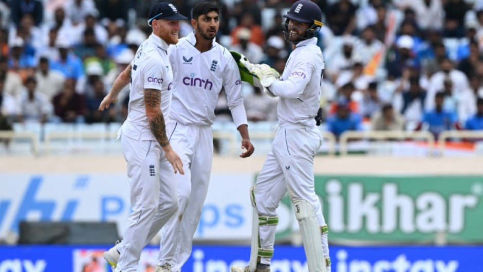 England spinner Shoaib Bashir celebrates after taking a wicket on the second day of the fourth Test against India in Ranchi