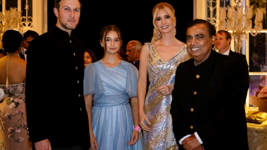 Donald Trump's daughter Ivanka (2R) and husband Jared Kushner (L) are among those attending the pre-wedding celebration hosted by billionaire Mukesh Ambani (R)