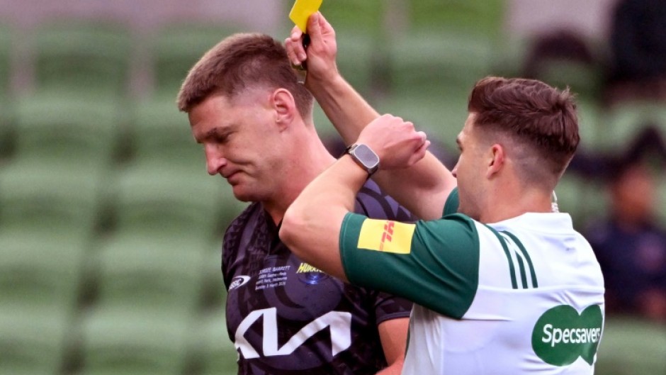 Wellington Hurricanes star Jordie Barrett (L) had his yellow card upgraded to a red in last Saturday's win over the Queensland Reds in Melbourne