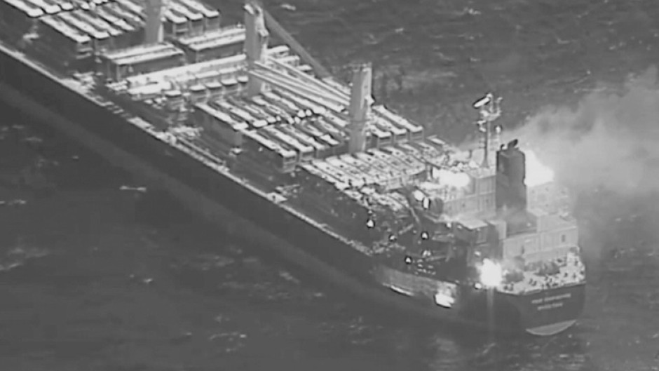 This image from the US CENTCOM shows the bulk carrier M/V True Confidence after it was hit by a missile