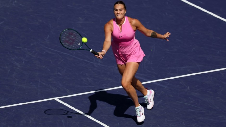 Aryna Sabalenka plays a forehand volley on her way to a straight sets victory over Emma Raducanu at the Indian Wells Masters on Monday