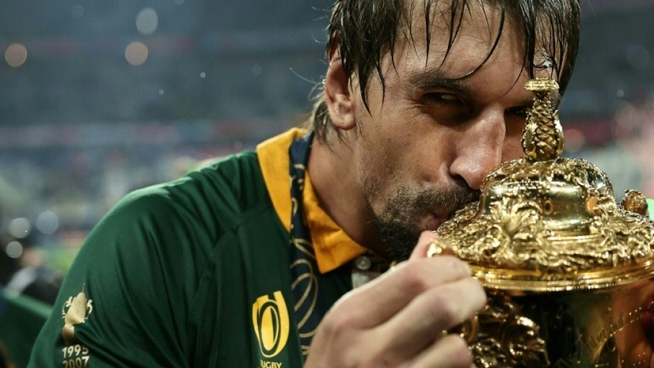 Springbok lock Eben Etzebeth kisses the Webb Ellis Cup after South Africa won the 2023 Rugby World Cup in France