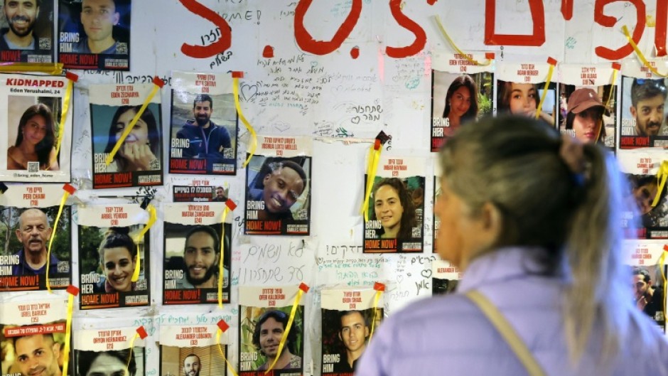 Pictures of hostages held by Palestinian militants in the Gaza Strip since the October 7 attacks, displayed outside the Tel Aviv Museum of Art