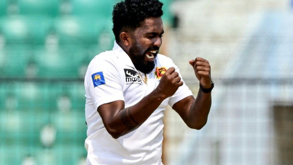 Sri Lanka’s Asitha Fernando celebrates after the dismissal of the Bangladesh’s Shakib Al Hasan  