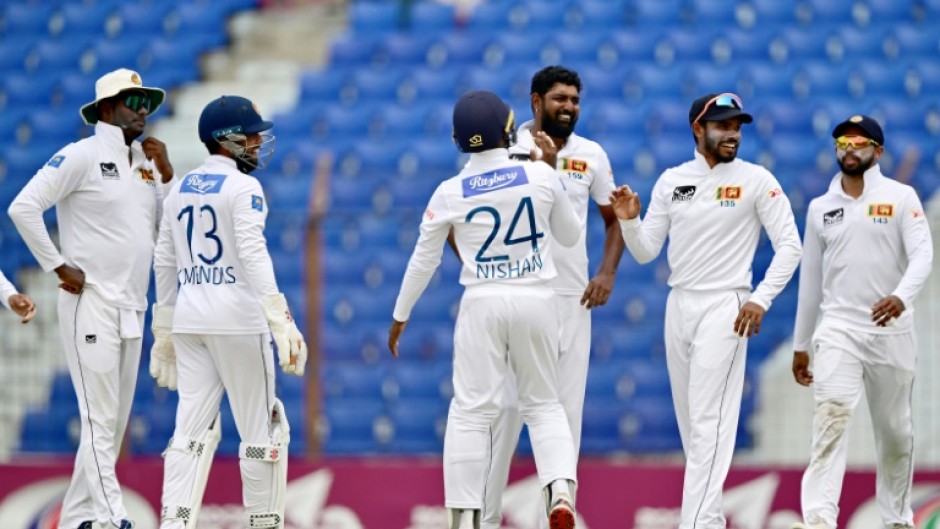 Sri Lanka celebrate the wicket of Bangladesh’s Mahmudul Hasan