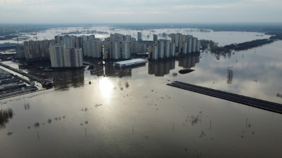 An aerial view shows the flood-hit Russian city of Orenburg