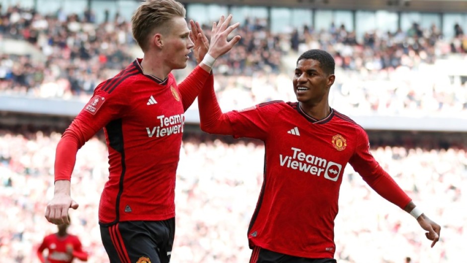 Scott McTominay (left) celebrates his goal for Manchester United against Coventry in the FA Cup semi-final at Wembley