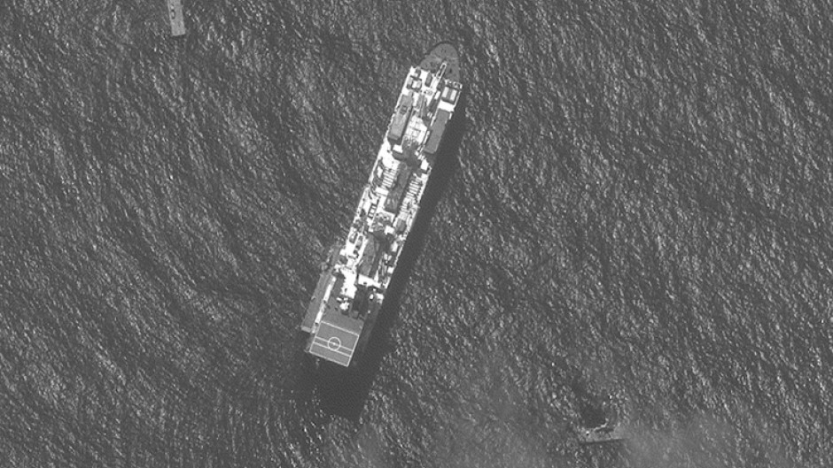 A US vessel and sections of a floating dock, off the war-torn Gaza Strip, seen in a satellite image courtesy of Maxar Technologies taken on April 29, 2024 