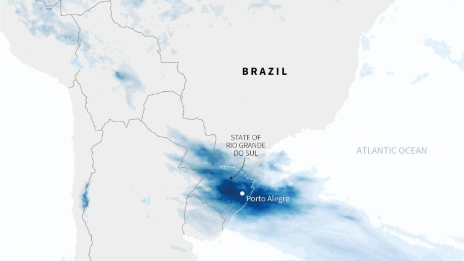 This handout satellite image courtesy of Maxar Technologies taken on May 7, 2024 shows the flooding along the Taquari River in Rio Grande do Sul