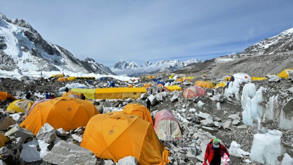 Tents of mountaineers are pictured at the Everest base camp in the Mount Everest region of Solukhumbu district in May 2021