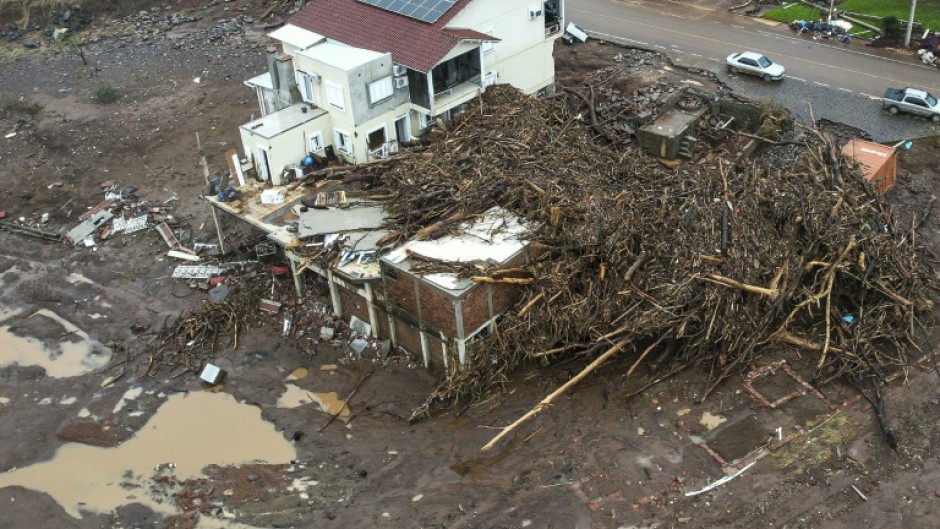 Aerial view after flooding caused by heavy rains in Mucum, Rio Grande do Sul state, Brazil