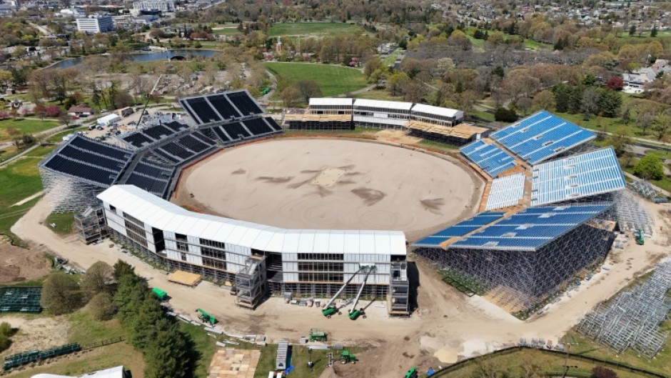 Construction continued on the Nassau County International Cricket Stadium on April 22, 2024. The site will be the host to the T20 World Cup in June of this year