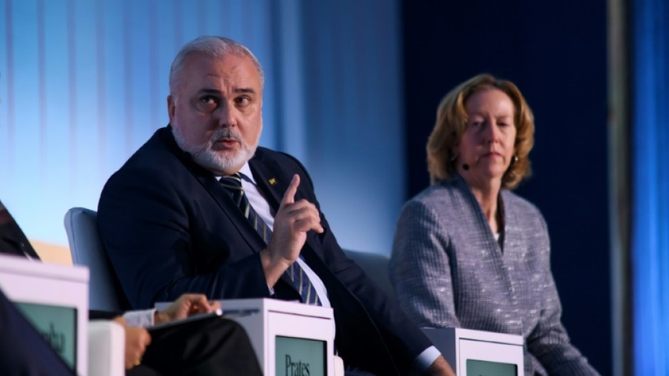 Petrobas CEO Jean Paul Prates (L) speaks during the CERAWeek oil summit in Houston, Texas in March 2024