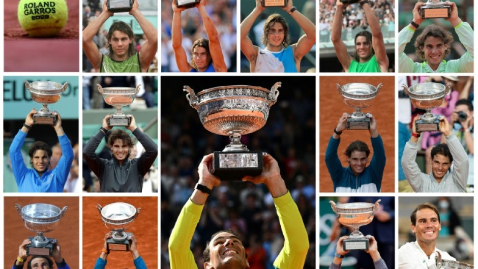 All-time great: This combination of file pictures shows Rafael Nadal holding the French Open trophy after his 14 career victories