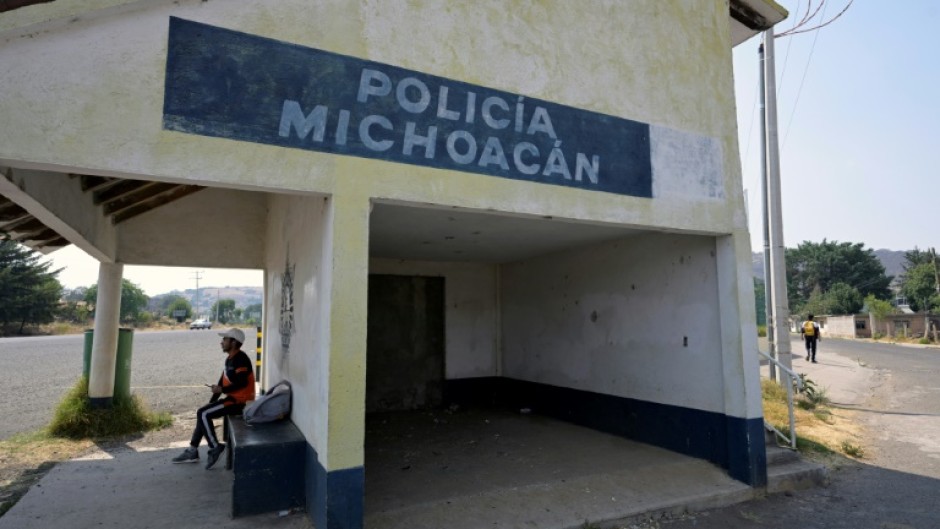 An abandoned, bullet-pocked police post is seen in the Mexican town of Maravatio