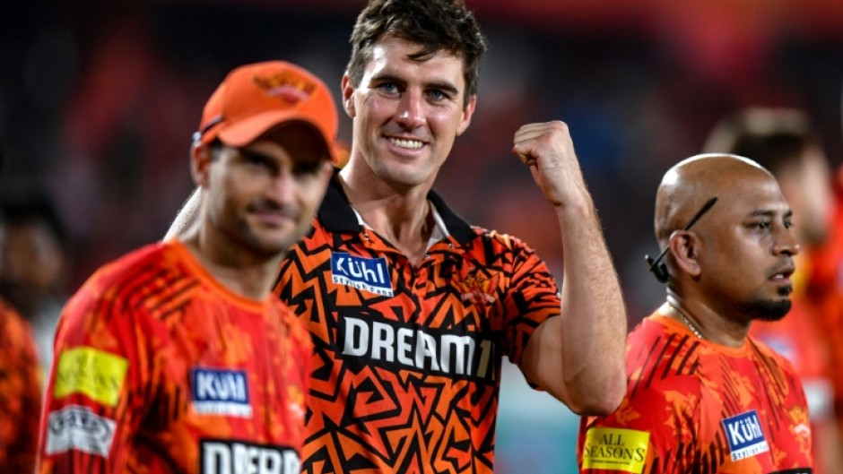 Sunrisers Hyderabad captain Pat Cummins (centre) celebrates victory over Punjab Kings on Sunday