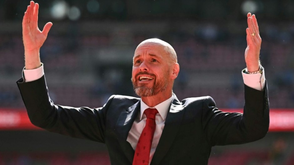 Manchester United manager Erik ten Hag celebrates after winning the FA Cup final at Wembley