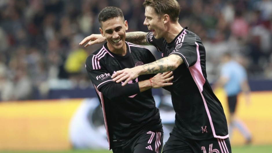 Robert Taylor celebrates with Inter Miami teammate Matias Rojas after opening the scoring in Saturday's 2-1 win at the Vancouver Whitecaps.