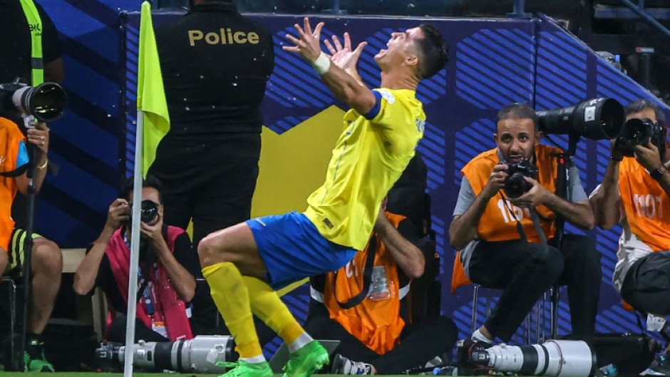 Cristiano Ronaldo celebrates scoring his second goal of the game
