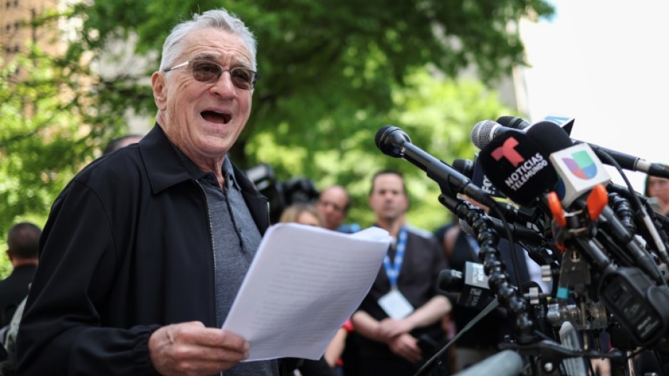 Robert De Niro speaks in support of President Joe Biden outside of Manhattan Criminal Court as Donald Trump stands trial