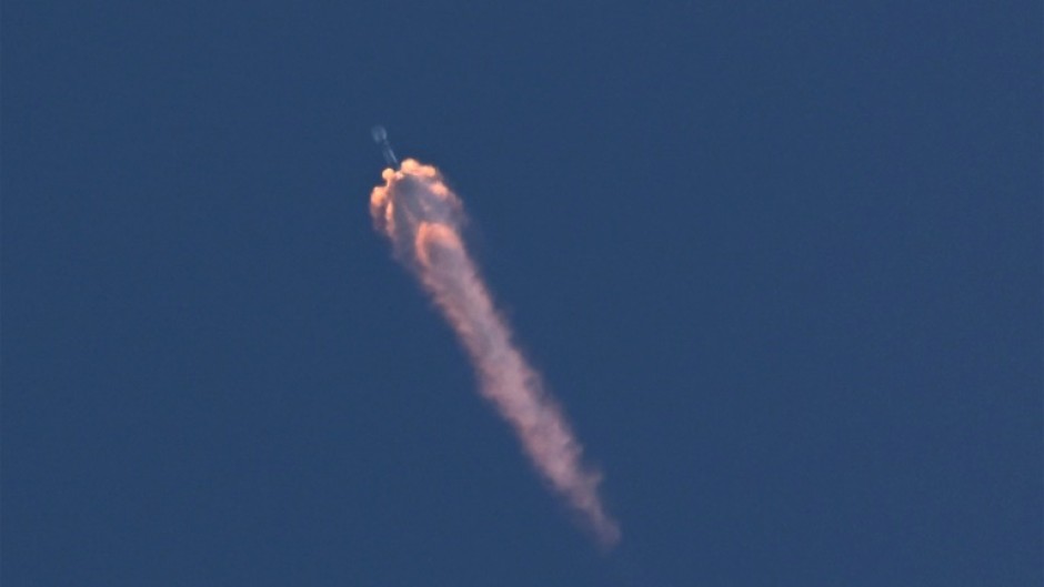 The EarthCARE satellite on a SpaceX Falcon 9 rocket is seen after launching from Vandenberg Space Force base in Lompoc, California