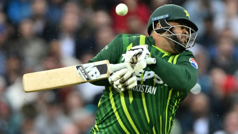 Can't take the pace: Pakistan's Azam Khan is out for a duck after gloving a bouncer from England fast bowler Mark Wood to wicketkeeper Jos Buttler at The Oval 