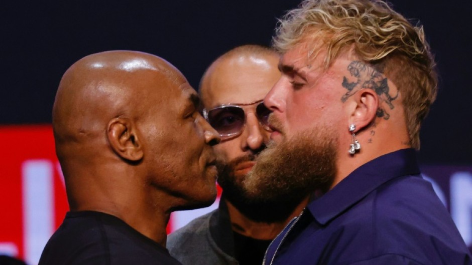 Mike Tyson (left) faces off with YouTuber Jake Paul during a New York press conference earlier this month