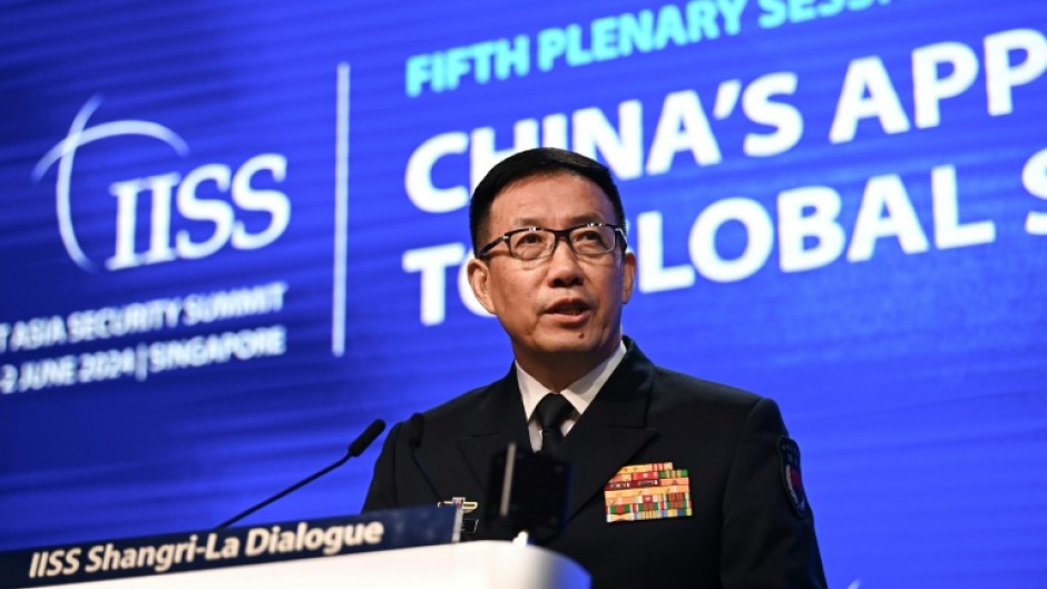 Chinese Defence Minister Dong Jun speaks Sunday at the 21st Shangri-La Dialogue summit in Singapore