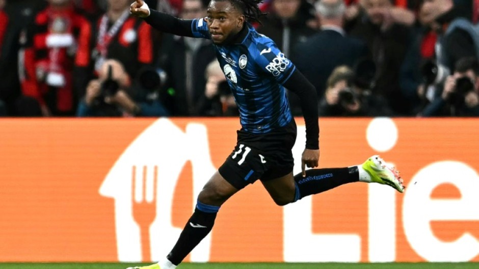 Nigeria forward Ademola Lookman celebrates scoring for Atalanta against Bayer Leverkusen in the 2024 Europa League final in Dublin. 