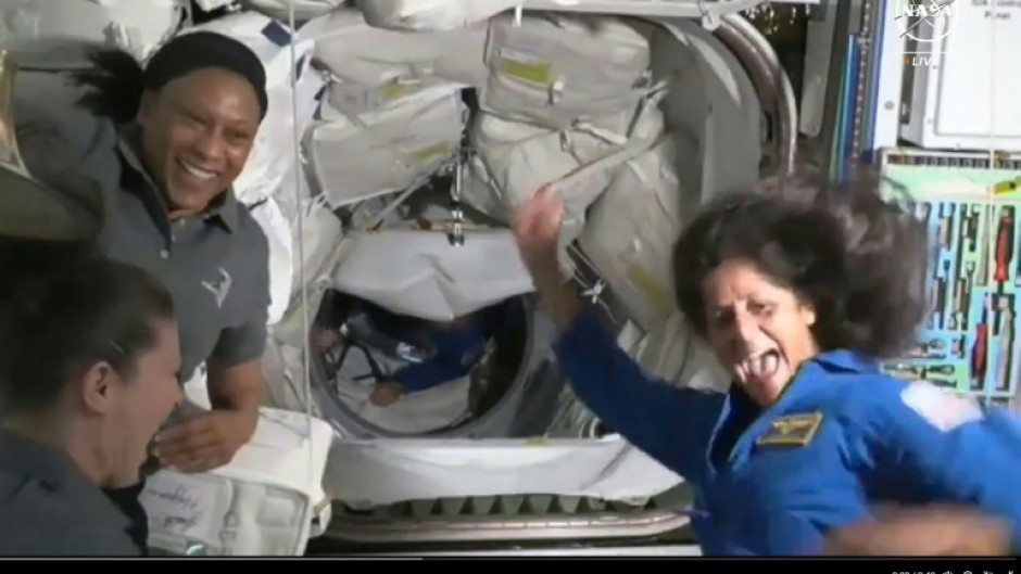 Astronaut Suni Williams, seen on the right, performed a short dance to celebrate her third arrival on the ISS