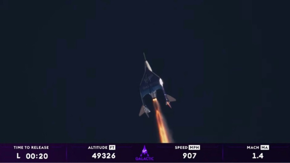 This still image taken from a video from Virgin Galactic on August 10, 2023, shows the launch of Virgin Galactic's private astronaut mission Galactic 02, at Spaceport America in Truth or Consequences, New Mexico