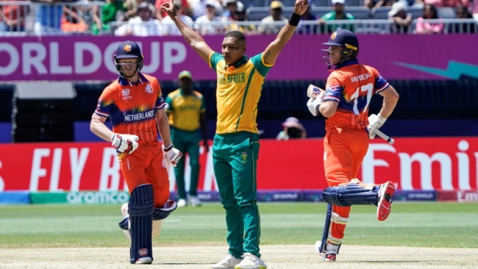 South Africa's Ottneil Baartman celebrates after dismissing the Netherlands' Sybrand Engelbrecht in their T20 World Cup clash on Saturday